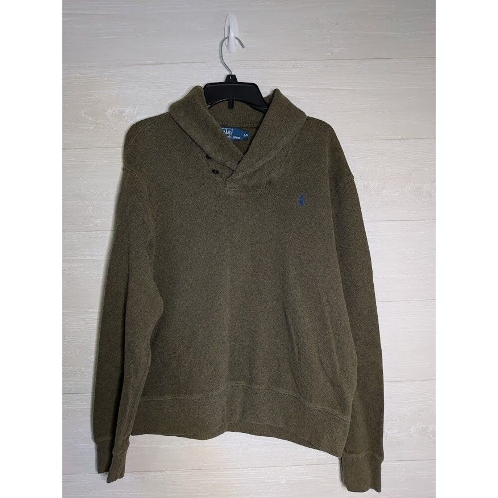 Polo Ralph Lauren Shawl Neck Pullover Sweater Olive Green Knit Men L Cotton Pony